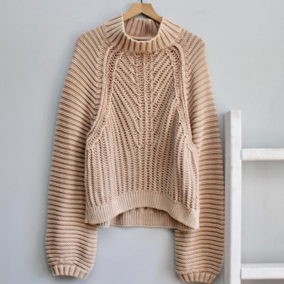 Free People Sweaters - Free People Tan Light Brown Chunky Knit Mock-Neck Sweetheart Sweater Size Large